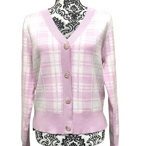Cece Sweater Womens Button Up Pink Plaid Long Sleeve V Neck Cardigan Size M